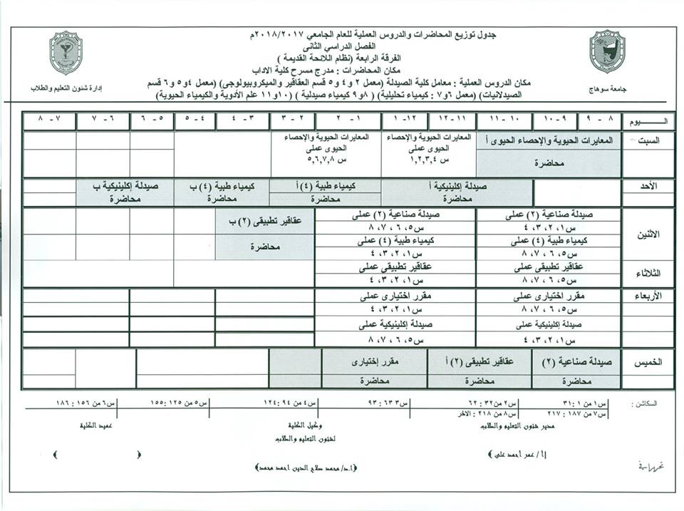 جداول الفصل الدراسى الثانى 2017-2018