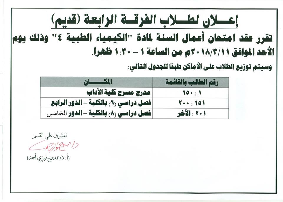 إعلان لطلاب الفرقة الرابعة (قديم)