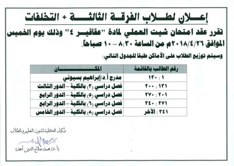 إعلان لطلاب الفرقة الثالثة+التخلفات