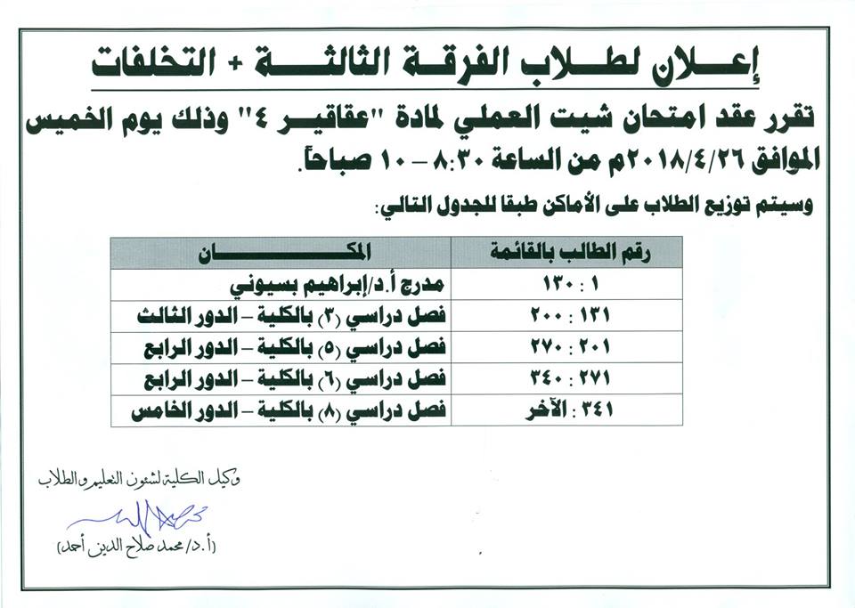 إعلان لطلاب الفرقة الثالثة+التخلفات