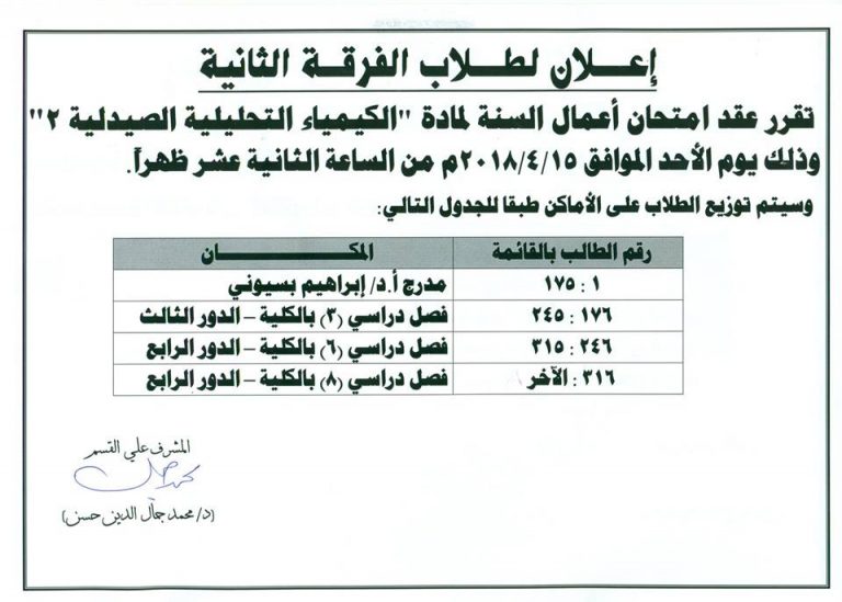 إعلان امتحان أعمال السنة الخاصة بقسم الكيمياء التحليلية الصيدلية لطلاب الفرقة الثانية