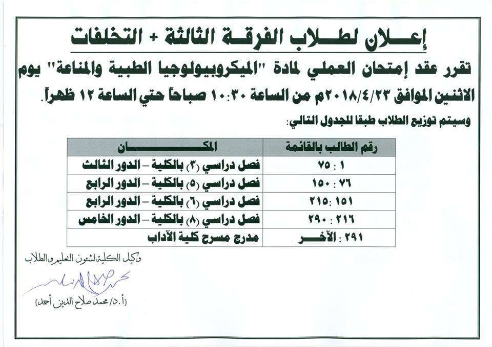 إعلان لطلاب الفرقة الثالثة +التخلفات