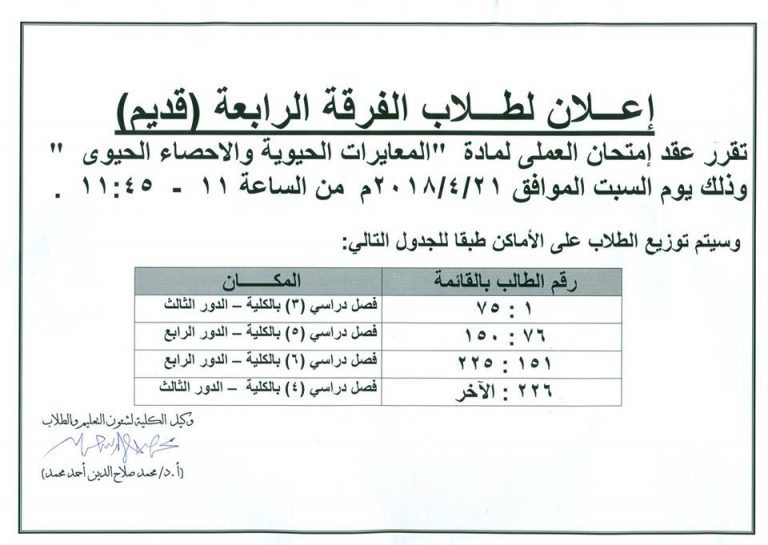 إعلان لطلاب الفرقة الرابعة (قديم)