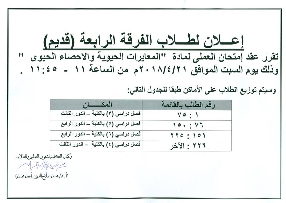 إعلان لطلاب الفرقة الرابعة (قديم)