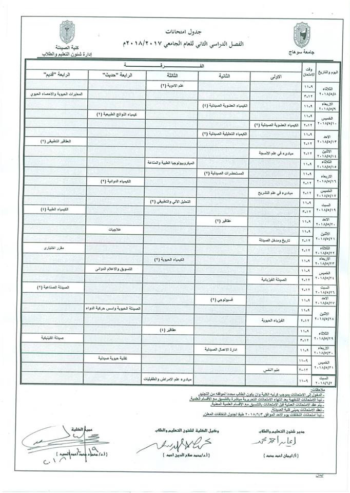 جدول إمتحانات الفصل الدراسى الثانى للعام الجامعى2017_2018