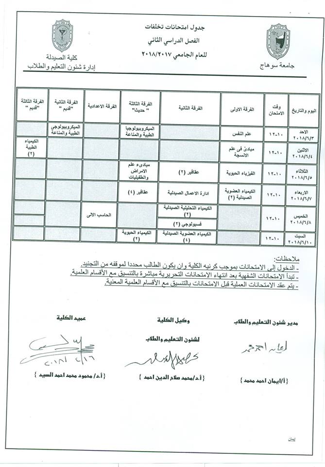 جدول إمتحانات تخلفات الفصل الدراسى الثانى للعام الجامعى 2017_2018