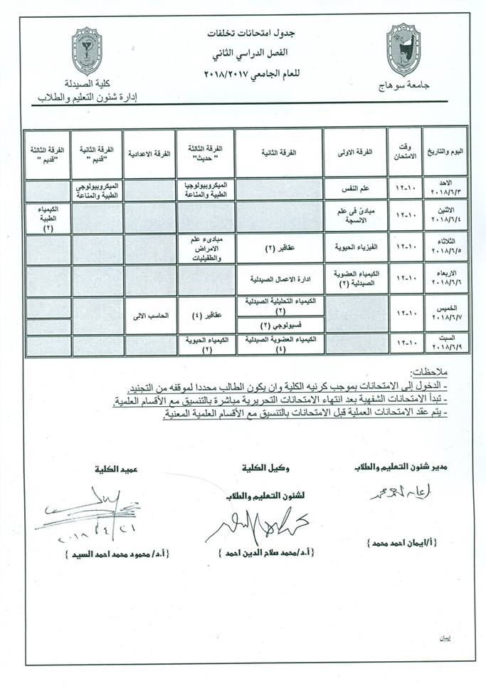 جدول إمتحانات تخلفات الفصل الدراسى الثانى للعام الجامعى 2017_2018