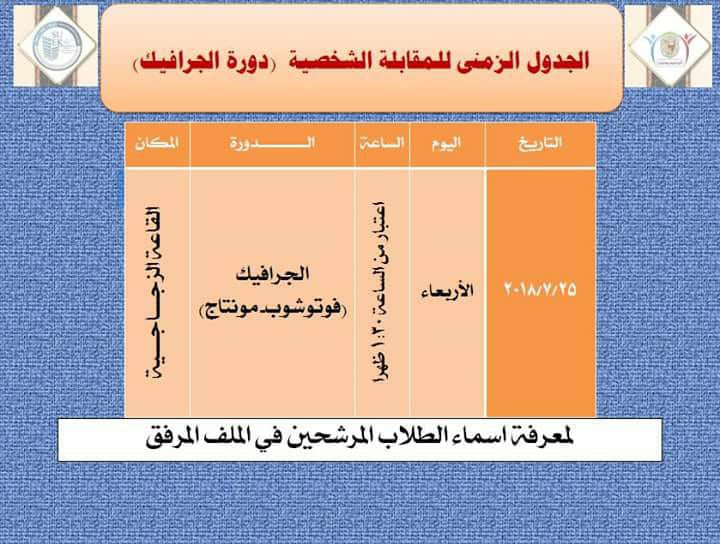 الجدول الزمنى للمقابلة الشخصية (دورة الجرافيك)
