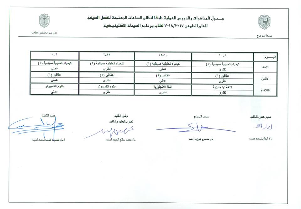 جدول الفصل الصيفى للطلاب المحولين من الفرقة الأولى إلى الفرقة الثانية