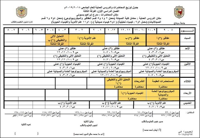 تعديل جديد لجدول توزيع المحاضرات الفصل الدراسي الأول للعام الجامعي 2018/2019 (جميع الفرق)