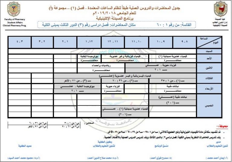 التعديل الجديد لجدول المحاضرات لبرنامج الصيدلة الإكلينيكية الفرقة الأولي