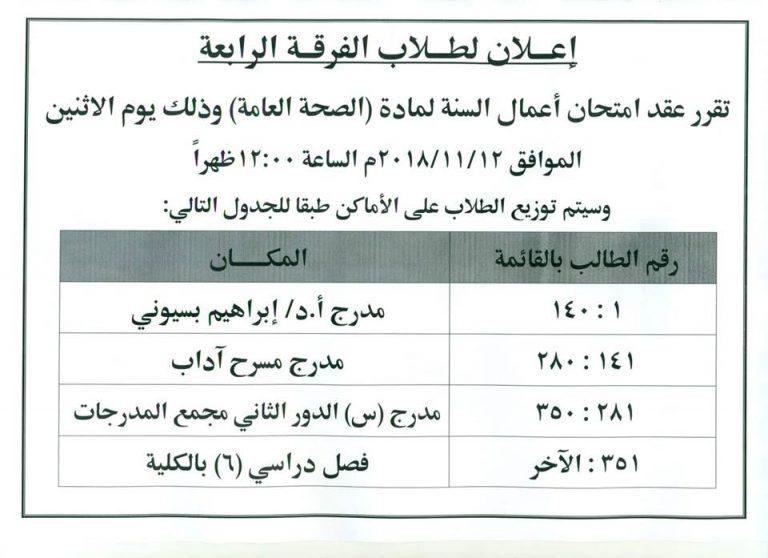 إعلان هام لطلاب الفرقة الرابعة