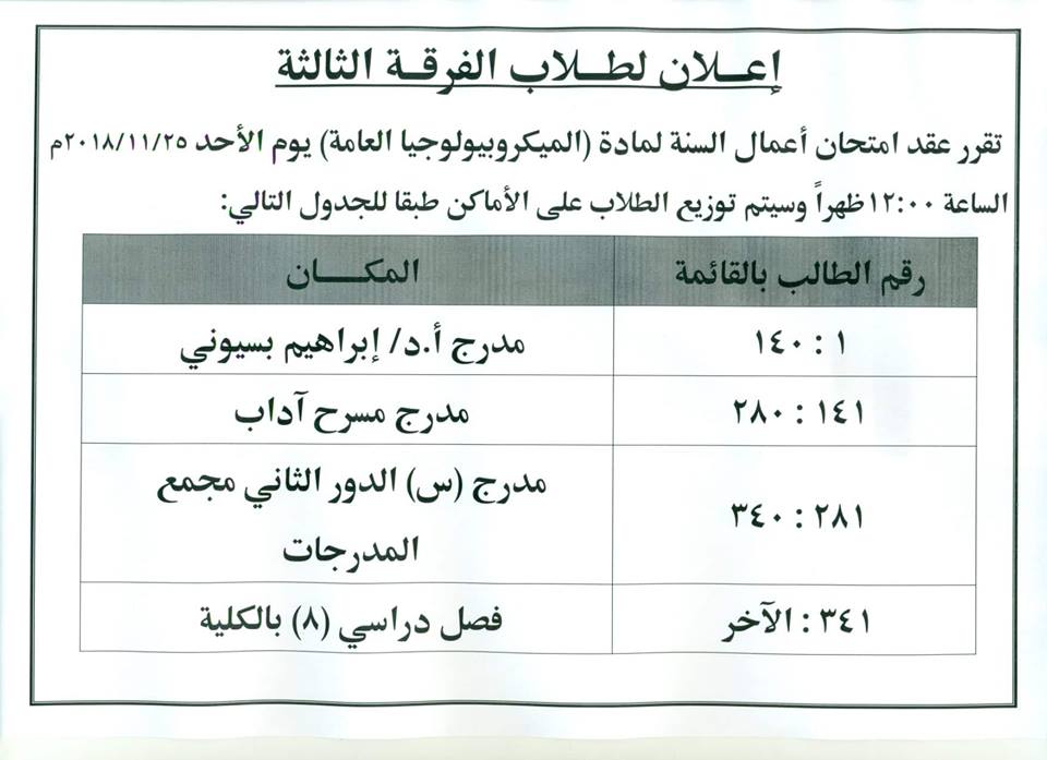 إعلان هام لطلاب الفرقة الثالثة