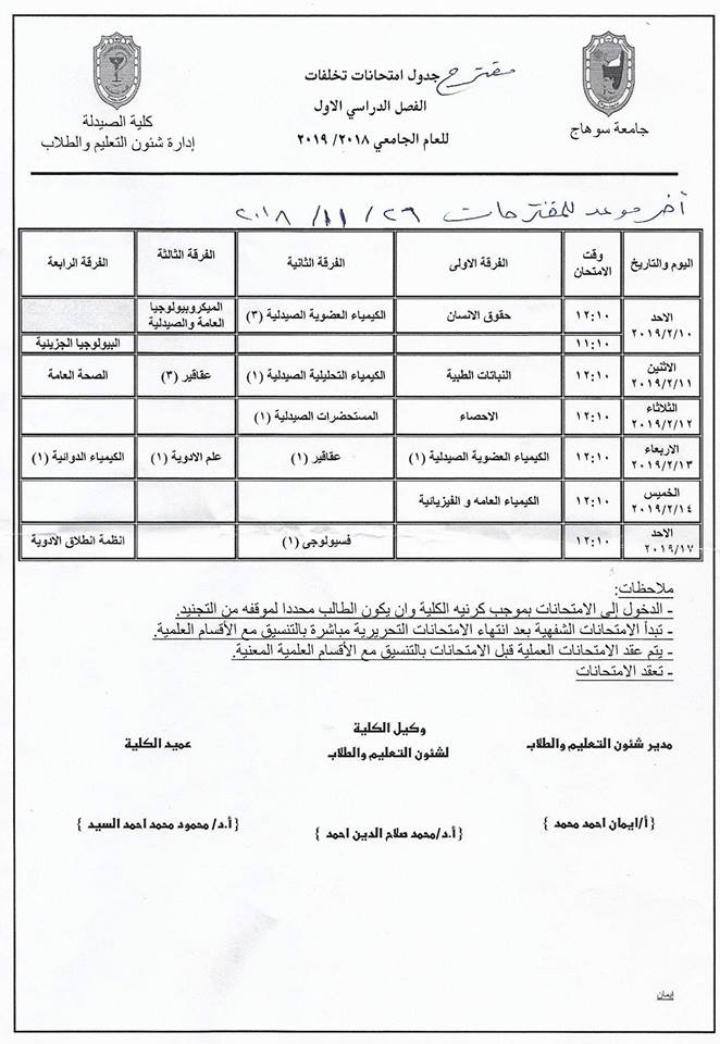 مقترح جدول إمتحانات تخلفات الفصل الدراسى الأول للعام الجامعى 2018 |2019