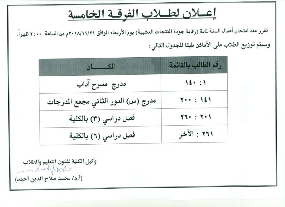 إعلان هام لطلاب الفرقة الخامسة