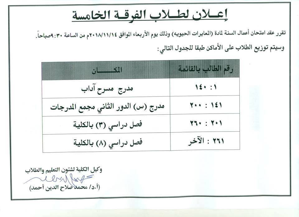 إعلان هام لطلاب الفرقة الخامسة
