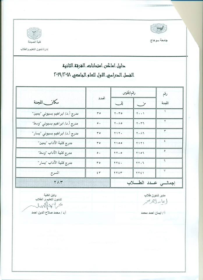 دليل أماكن إمتحانات الفرقة الثانية الفصل الدراسى الأول
