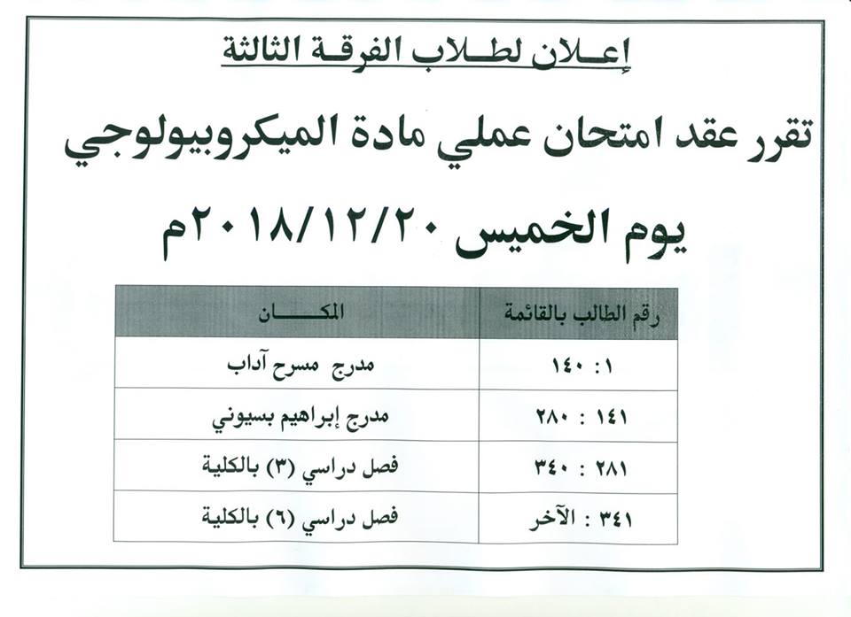 إعلان هام لطلاب الفرقة الثالثة