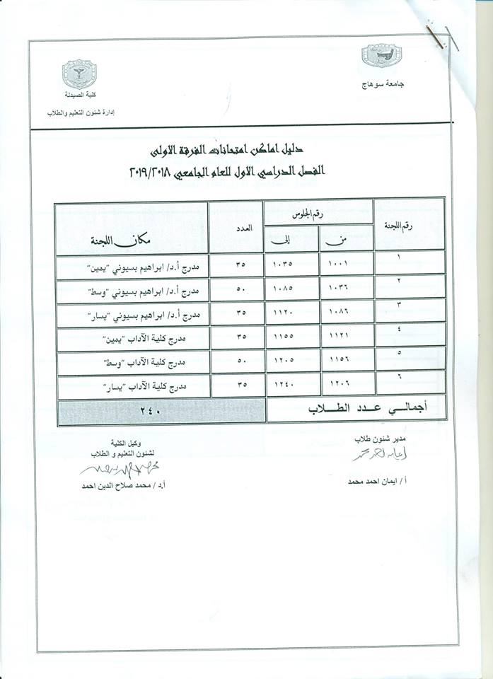 دليل أماكن إمتحانات الفرقةالأولى الفصل الدراسى الأول