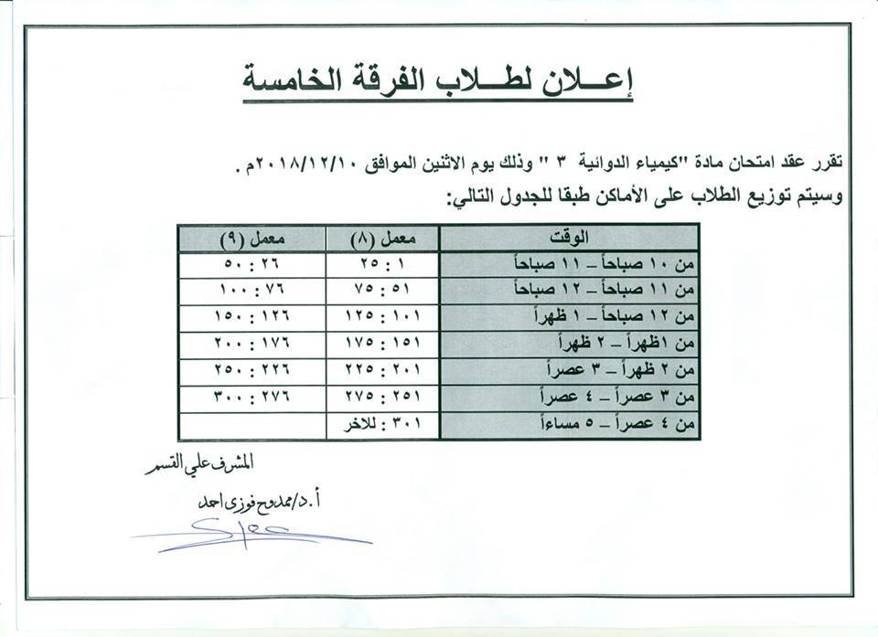 إعلان لطلاب الفرقة الخامسة
