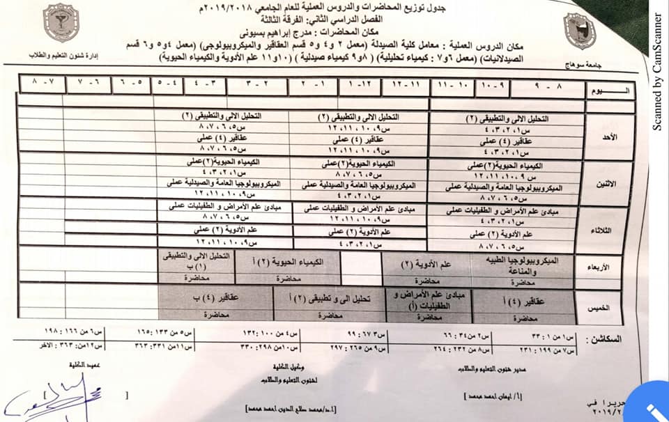 جدول توزيع المحاضرات للفصل الدراسي الثاني للعام الدراسى2018 _2019م  للفرقة الثالثة