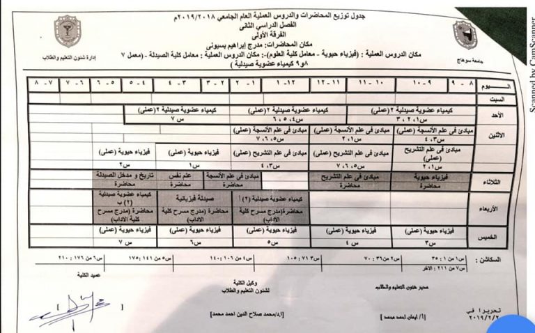 جدول توزيع المحاضرات للفصل الدراسى الثانى للعام الجامعى 2018 _ 2019للفصل الدراسى الثانى