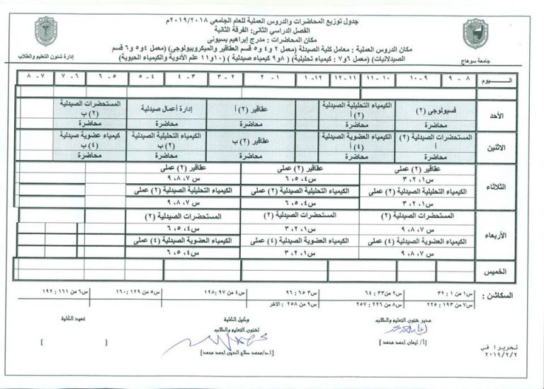 الجدول المعدل للفرقة الثانية عام 2019/2/14