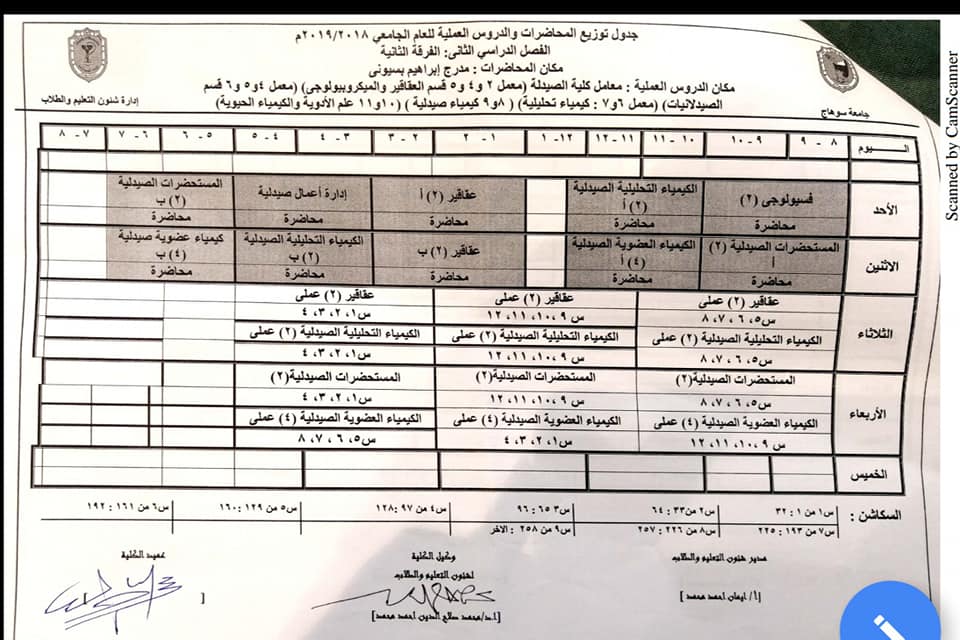 جدول توزيع المحاضرات الفصل الدراسي الثاني للعام الدراسى ٢٠١٩/٢٠١٨م للفرقة الثانية