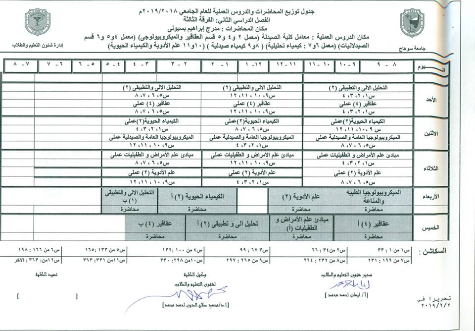 الجدول المعدل للفرقة الثالثة عام 2019/2/14