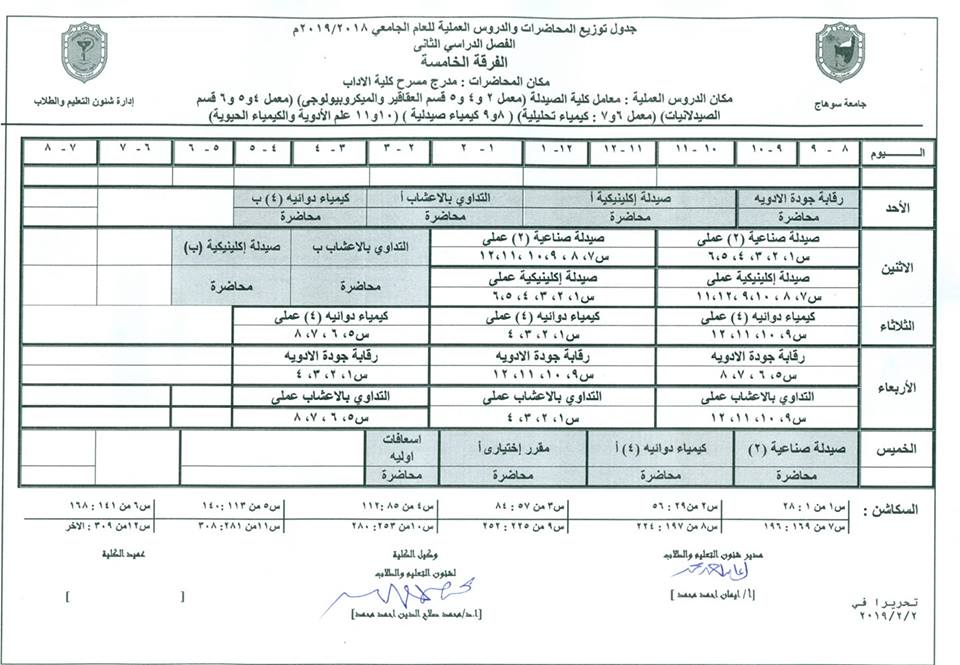 الجدول المعدل للفرقة الخامسة عام 2019/2/14