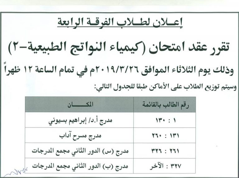 إعلان هام لطلاب الفرقة الرابعة