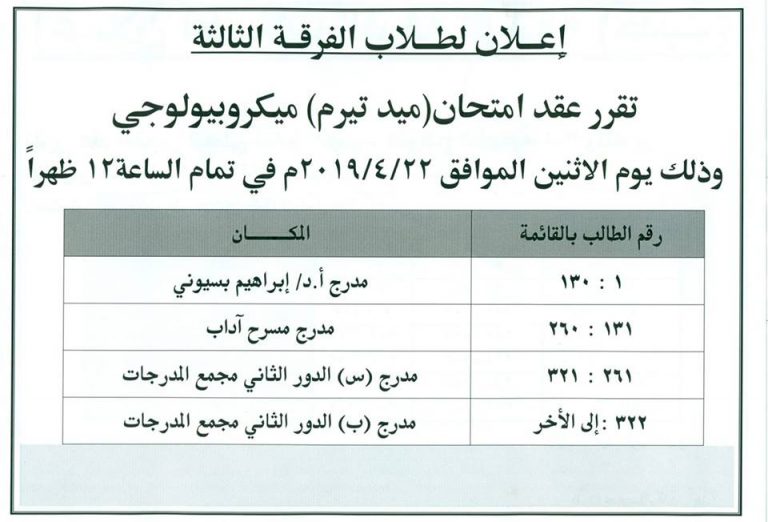 إعلان هام لطلاب الفرقة الثالثة