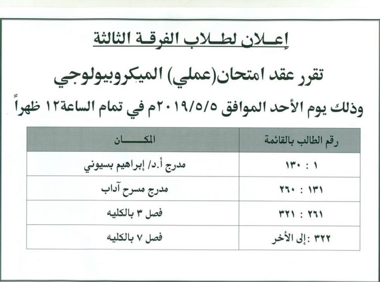 إعلان هام لطلاب الفرقة الثالثة