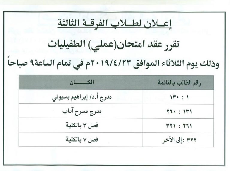إعلان هام لطلاب الفرقة الثالثة