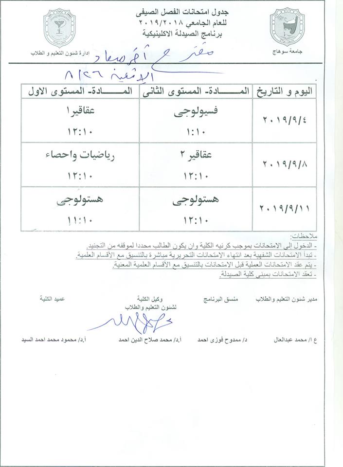 الجدول المقترح لامتحانات الفصل الصيفي لطلاب برنامج الصيدلة الاكلينيكيه