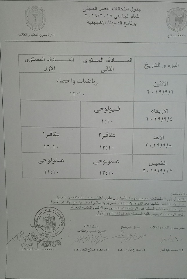 جدول إمتحانات الفصل الصيفى