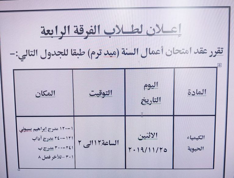إعلان هام لطلاب الفرقة الرابعة