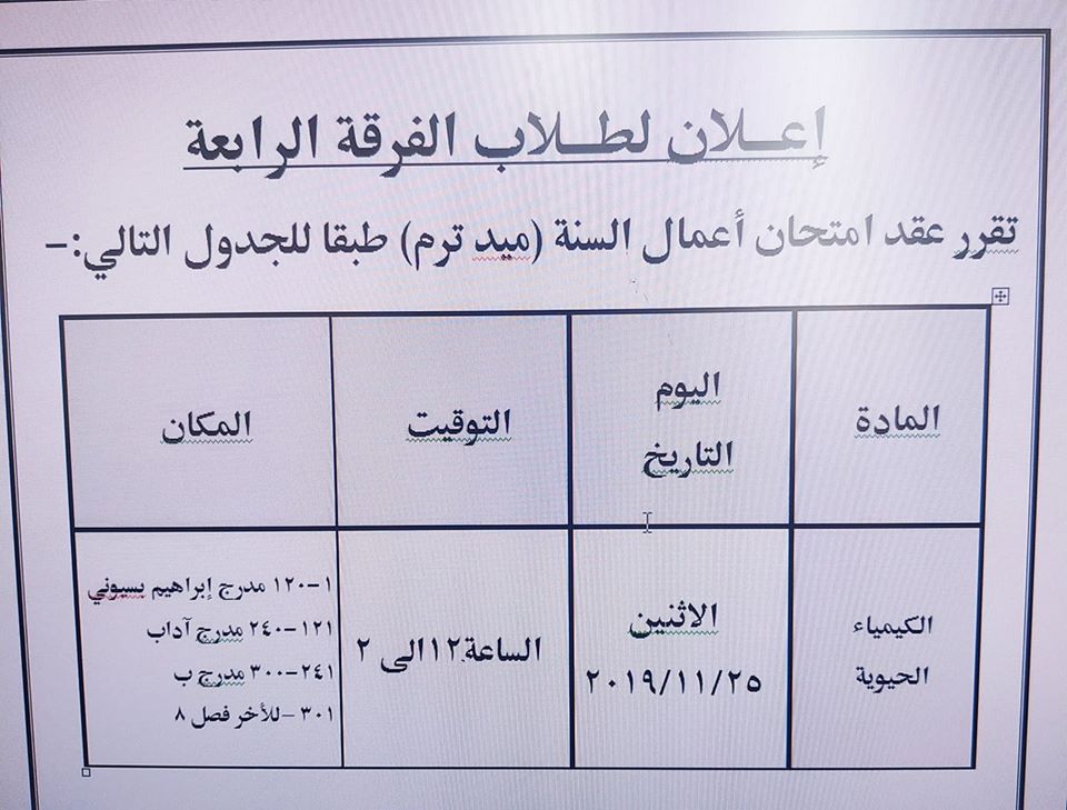 إعلان هام لطلاب الفرقة الرابعة