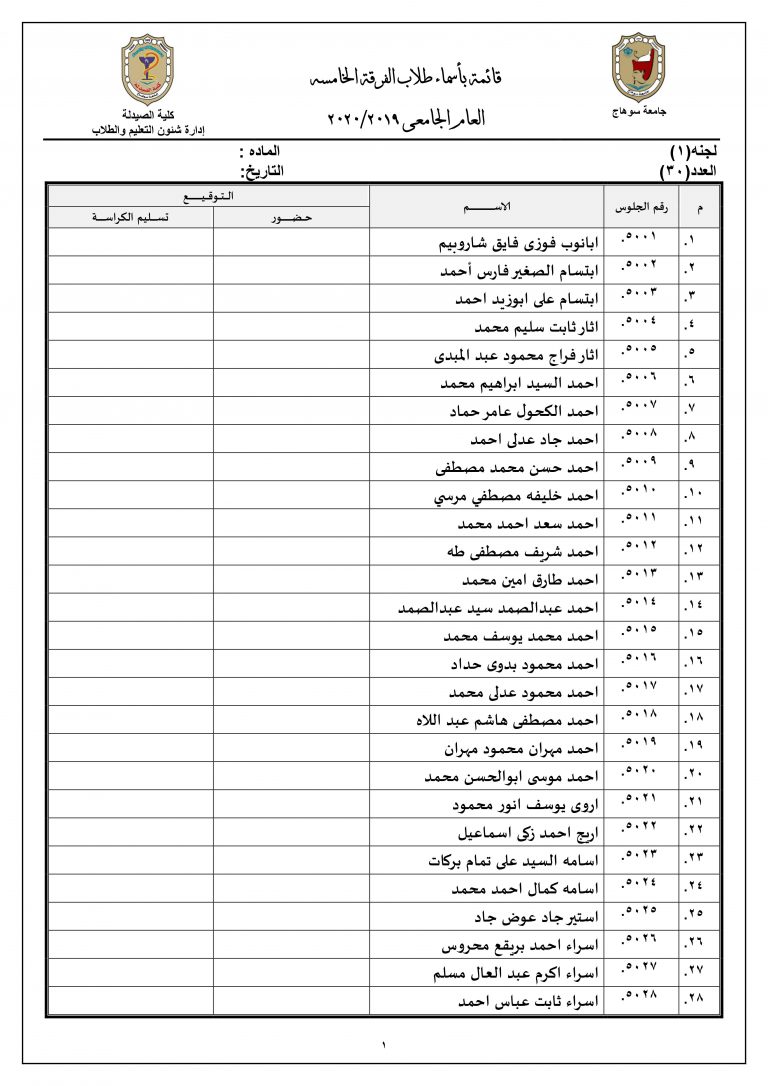 قائمة بأرقام جلوس طلاب الفرقة الخامسة للعام الجامعى 2019م |2020م