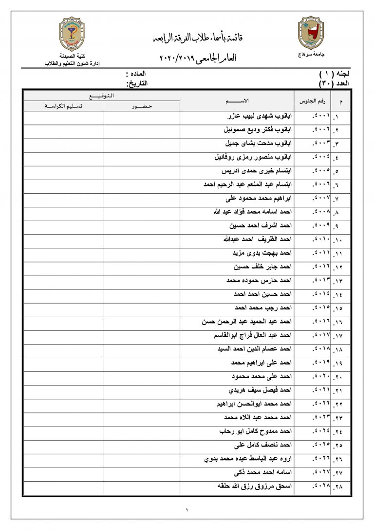 قائمة بأرقام جلوس طلاب الفرقة الرابعة للعام الجامعى 2019م |2020م
