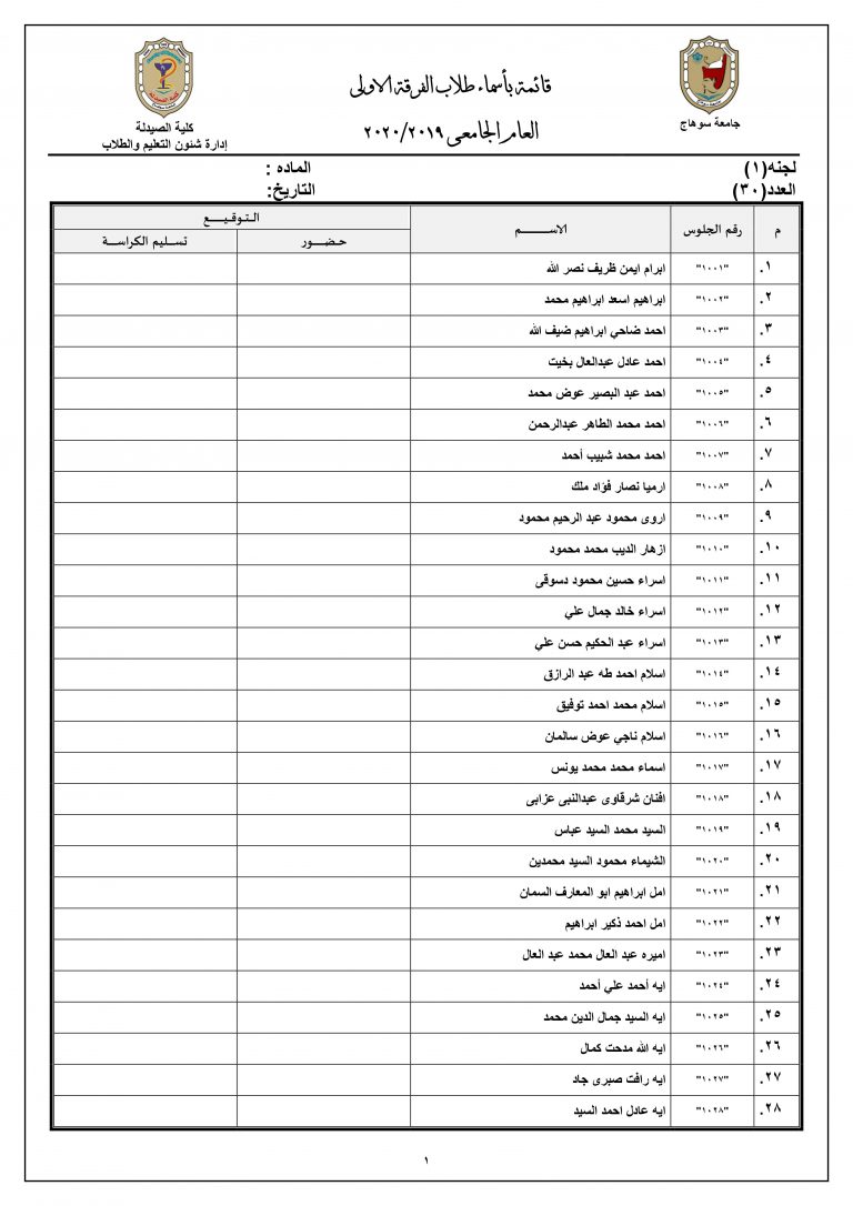 قائمة بأرقام جلوس  طلاب الفرقة الأولى للعام الجامعى 2019م |2020م