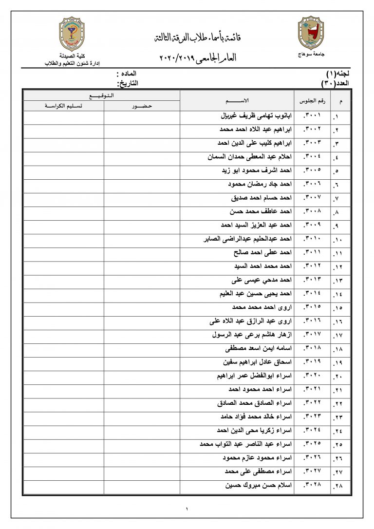 قائمة بأرقام جلوس طلاب الفرقة الثالثة للعام الجامعى 2019م |2020م
