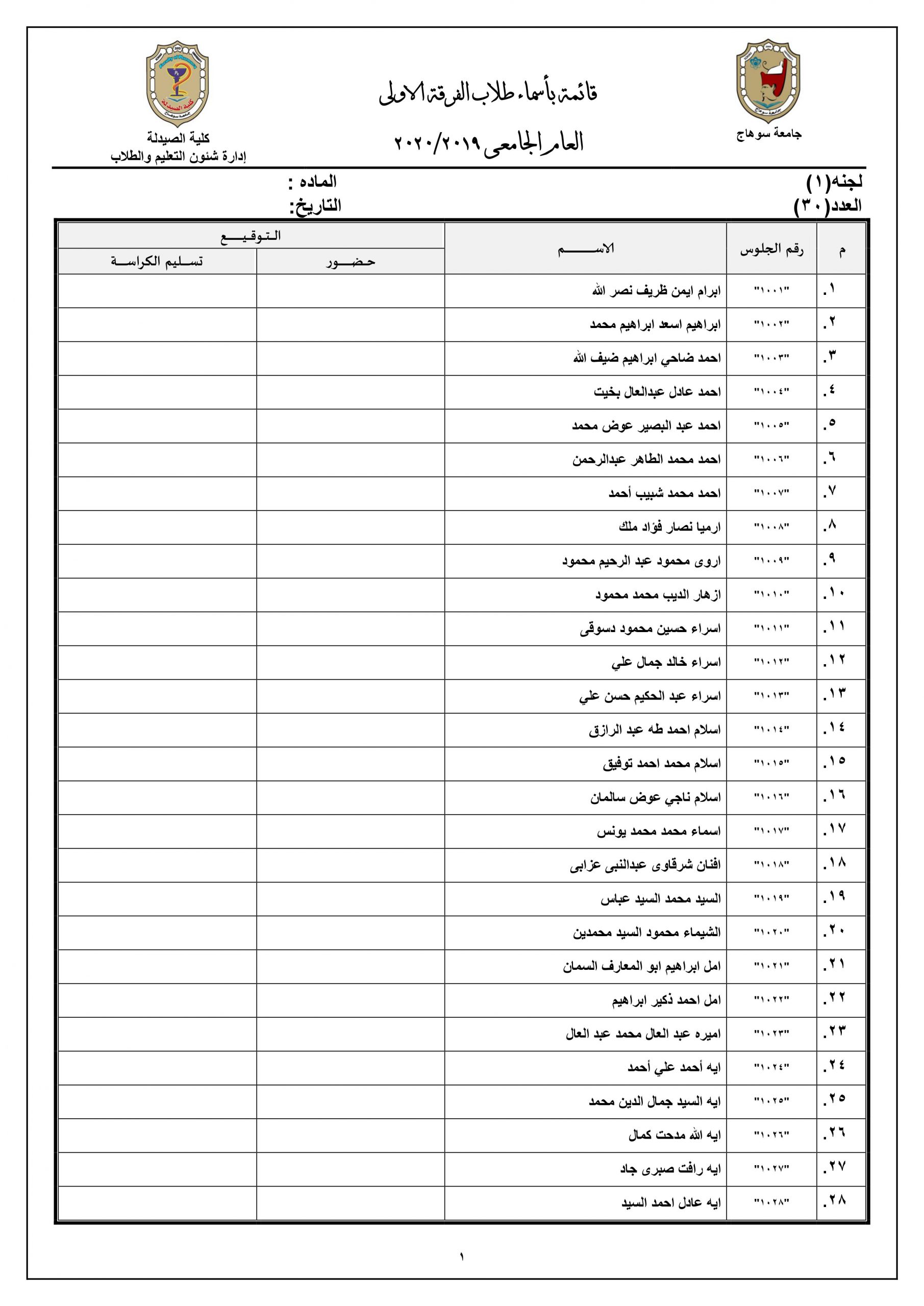 قائمة بأرقام جلوس  طلاب الفرقة الأولى للعام الجامعى 2019م |2020م