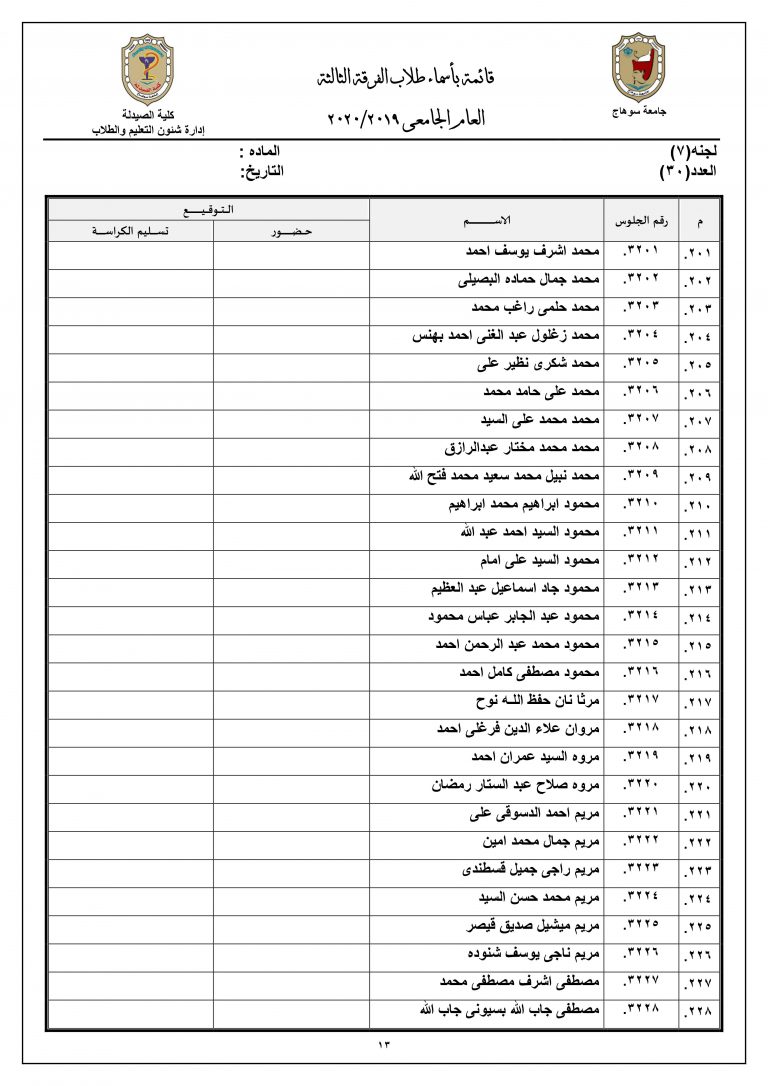 قائمة بأرقام جلوس طلاب الفرقة الثالثة للعام الجامعى 2019م |2020م