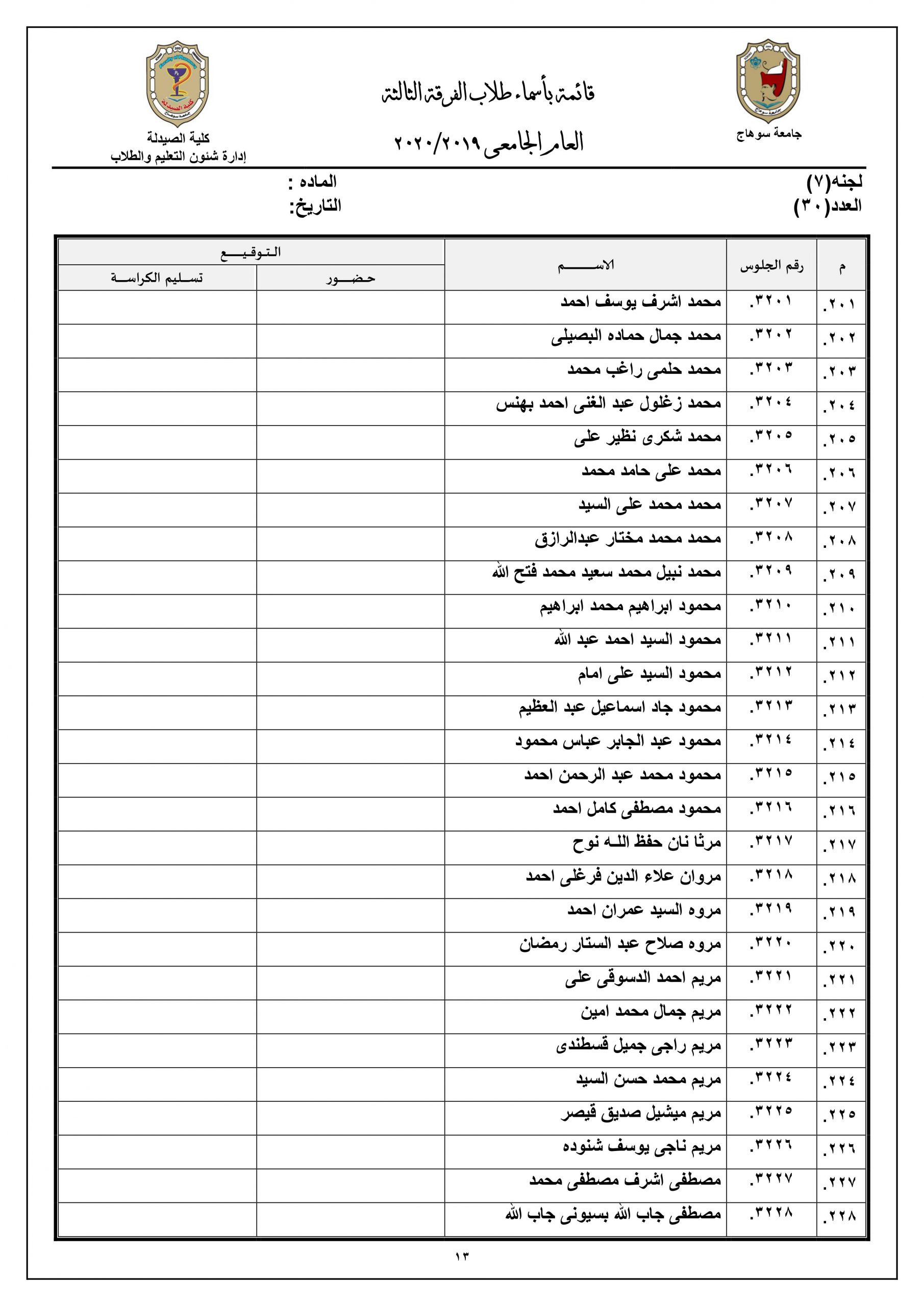 قائمة بأرقام جلوس طلاب الفرقة الثالثة للعام الجامعى 2019م |2020م