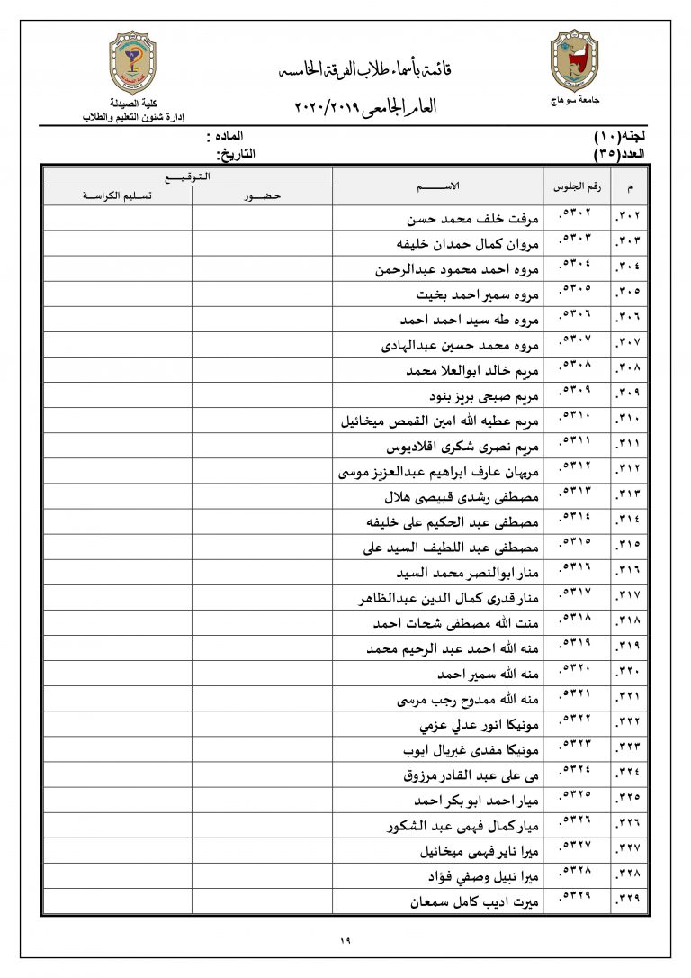 قائمة بأرقام جلوس طلاب الفرقة الخامسة للعام الجامعى 2019م |2020م