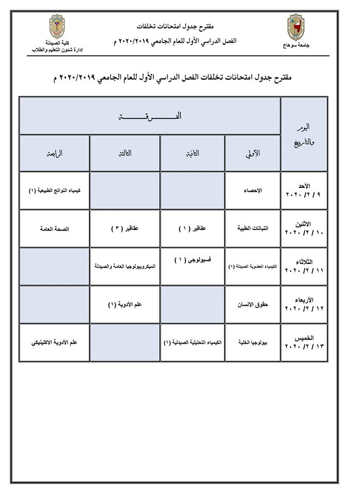 مقترح جدول تخلفات الفصل الدراسى الأول للعام الجامعى 2019/2020 م
