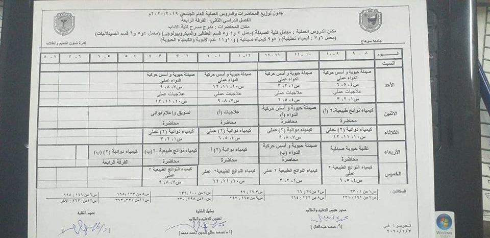جدول تعديل  توزيع المحاضرات والدروس العملية للعام الجامعى 2019 |2020م للفصل الدراسى الثانى الفرقة الرابعة
