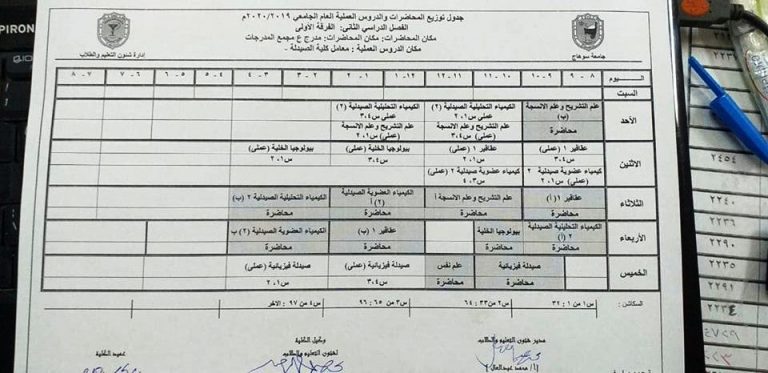 جدول توزيع المحاضرات والدروس العملية للعام الجامعى 2019م | 2020م الفصل الدراسى الثانى للفرقة الأولى
