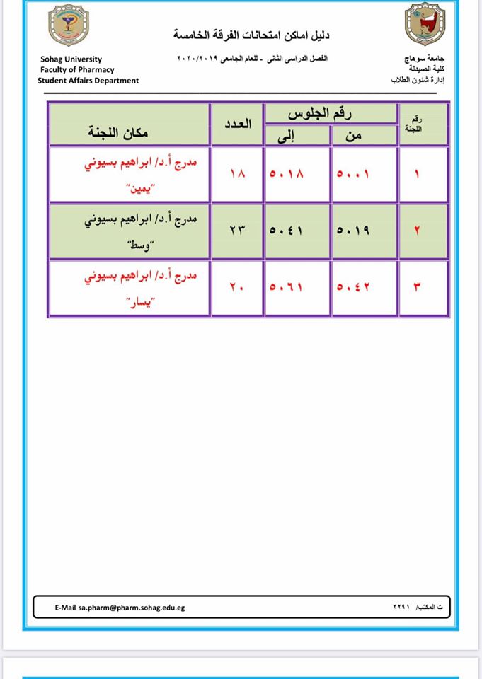 دليل أماكن إمتحانات الفرقة الخامسة الفصل الدراسى الثانى للعام الجامعى 2019م |2020م